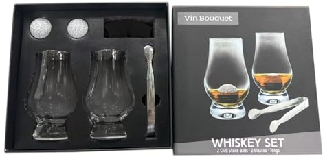VB VIN BOUQUET FI 1553 SET Klassisches Whisky-Set mit 2 Gläsern 300 ml, Granit-Kühlsteinen und Edelstahlzange, Geschenkbox