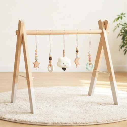 let's make Spielbogen Baby Holz- Montessori Spielbogen mit 5 abnehmbaren Sensorischen Spielzeugen, Faltbar Baby Gym Activity Center, Neugeborenes Geschenk für 0-18 Monate (Style B)