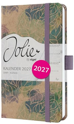 SIGEL Jolie Wochenkalender 2027 A6 lila grün Hardcover aus Kraftpapier | 7J810, Gummiband, Stiftschlaufe, 174 Seiten, vegan, Buchkalender, Terminplaner Taschenkalender