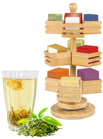 Scatola da tè a 3 ripiani, organizer per bustine di tè in legno con 9 scomparti, supporto per riporre il tè, 20 x 19 x 14 cm, design compatto, robusto 1,1 kg, per cucina, dispensa, casa