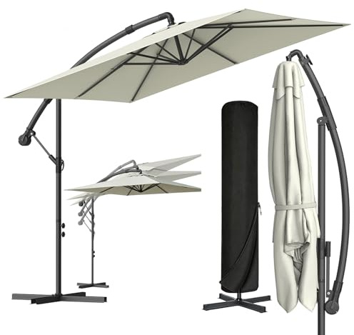 Verdego Sonnenschirm mit Ständer, Ampelschirm Rechteckig Ø350cm, Gartenschirm mit Kurbel, Schutzhülle, UV-Schutz Windfest Wasserabweisend Aluminium, Marktschirm, 360° Drehbar, Elfenbein
