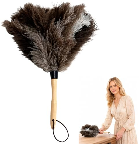 Ostrich Feather Duster 38cm, Soft Dense Feathers for Furniture and Blind Cleaning, Car Interior Maintenance, Wooden Handle Design for Home and Office Use