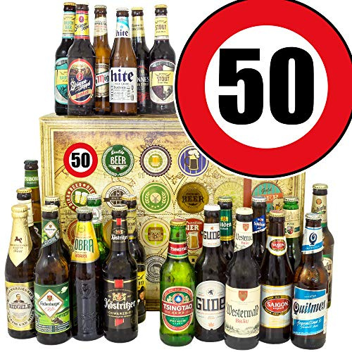Geschenk Idee - 24er Set Bier Welt & DE - Bier Geschenkbox 50. Geburtstag | Bier Adventskalender 2024 & 2025 mit 15 deutschen und 9 internationalen Bieren, inkl. Bierbuch, Urkunden und Geschenkbox