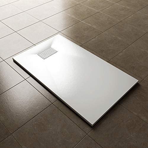 ELEGANT 1200 x 700mm Slip-Resistance Shower Base Slate Effect Square Shower Enclosure Tray with Waste and Drain Cover Grate
