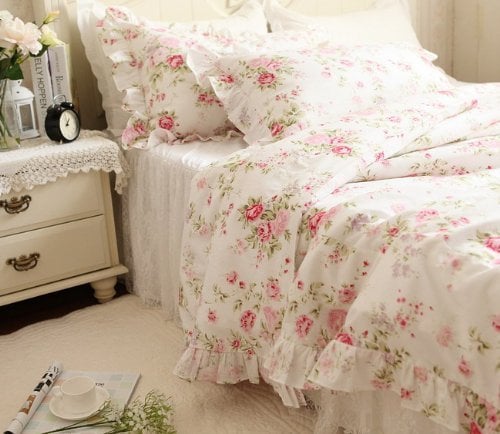 Kolachic Country Rose Roses Pink Floral Flower Duvet Cover Bedding Set 3 Pieces, 1 Duvet Cover & 2 Pillowcases 100% Cotton (Queen)