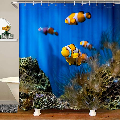 Ozean Wasserdichtes Duschvorhang Textil Nemo Fische Stoff Duschvorhang 180x180 für Jungen Mädchen Meer Unterwasserwelt Mit Haken Wassertier Gedruckt