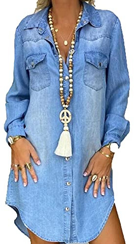cffvdiz Damen Jeanshemd Kleid Langarm Button Down Casual Jeanskleid,Blau,XL