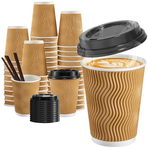 SIUQ 12 oz Coffee Cups-90 Pack Disposable Coffee Cups with Lids and Straws