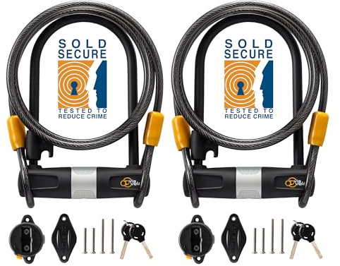 Via Velo 2 Fahrrad-Bügelschloss-Set, gleiches Schlüsselsystem, 4 gleichschließende Schlüssel, robust, 14 mm Bügel und 10 mm x 1,8 m Kabel mit Halterung für Rennrad, Mountainbike, Klapprad