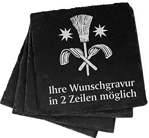 4X Schornsteinfeger Deko Schiefer Untersetzer Wunschgravur Set - 11 x 11 cm Flaschenuntersetzer Glasuntersetzer Tassenuntersetzer