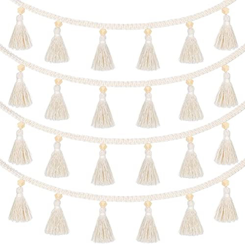 MUSLONG 4 Stück Makramee Wandbehang Tapisserie Fransengirlande Banner Baumwolle gewebt Wand Dekoration Makramee Girlande für Boho Haus Dekoration, Kinderzimmer, Bauchkorb Dekoration, 9cm x 95cm