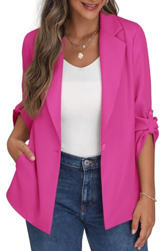 PrinStory Blazer da donna aperto sul davanti, cardigan a maniche regolabili, giacca blazer con tasche con bottoni, Rosa acceso, 50-52