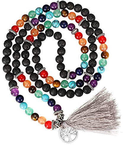 Fiada Mala Kette 108 Perlen 6 mm Edelstein Mala Armband Buddhist Gebetsperlen Mala Halskette Buddha Tibetische Rosenkranz Naturstein Schmuck mit Anhänger für Yoga Reiki Chakra Heilung (Klassisch)