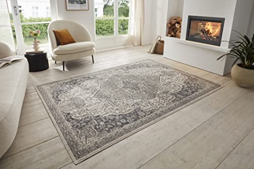 Hanse Home Orken Teppich Orientalisch –Kurzflor Vintage Wohnzimmerteppich Weicher Orient-Teppich ÖKO-TEX Läufer für Schlafzimmer, Esszimmer, Wohnzimmer, Flur, Küche – Creme Grau, 80x120cm