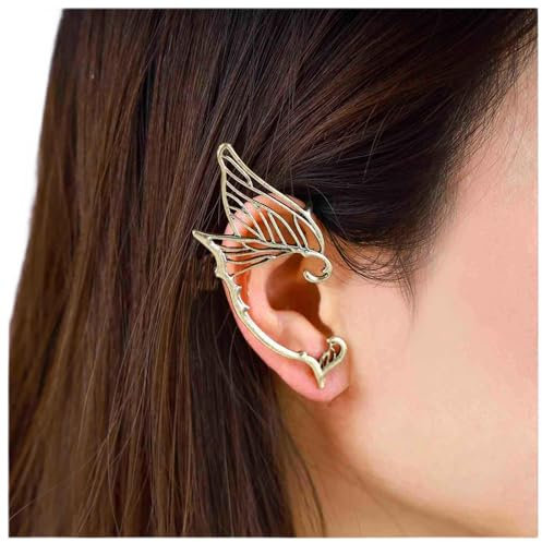 Dervivea Gothic Elfen Ohrhänger Gold Flügel Ohrmanschette Vintage Metall Ohr Crawler Halloween Cosplay Ohrringe (Goldenes Rechtes Ohr)