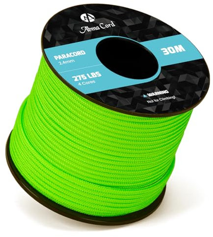 Abma Cord 30M Paracorde 275 Corde en Nylon 2,4 mm 4 Brins Corde de Survie, Corde Extérieure, Corde Tout Usage - Max. 125kg (275lbs) - Néon Vert