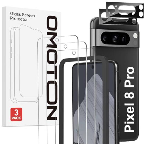 OMOTON für Google Pixel 8 Pro Panzer Schutz Glas mit Rahmen-Installationshilfe, kompatibel mit Pixel 8 Pro Kamera Schutzfolie, Unterstützt Fingerabdrucksensor und Temperatursensor, 3+2 Stück