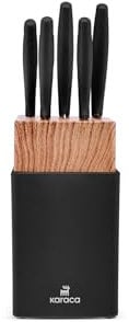 Karaca Mastercut 6-Piece Black Knife Set with Block, Stainless Steel Kitchen Knives Sets with Ergonomic Handles, Includes Cleaver, Cutting, Bread, Vegetable, Paring Knives & Stand