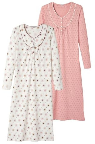 Damart - Lot de 2 Chemises de Nuit Jersey Pur Coton peigné Femme Rose Imprimé Taille 46-48 (L)