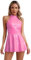 iEFiEL Damen Wetlook Minikleid Neckholder Partykleid A-Linie Skaterkleid Glänzende Lacklederkleid Kurz Faltenkleid Rosa 4XL
