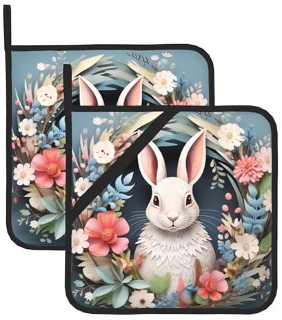 Osterkranz mit Hasen-Druck, Topflappen, 2 Stück, für Küche, heiße Pads, hitzebeständig, Topflappen für Mikrowelle, Kochen, Backen, Ofen, BBQ