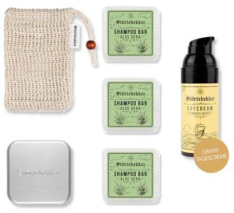 Störtebekker® Premium Dusch Routine Set - Festes Shampoo Aloe Vera (x3), Sisalsäckchen, Seifendose + GRATIS Tagescreme - Shampoo Bar Set für Haar, Gesicht & Körper - Handgefertigt in Seifenmanufaktur