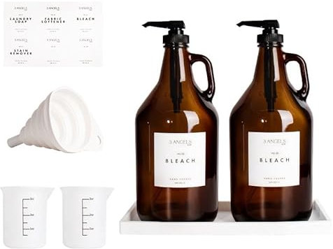 Distributeur de détergent à lessive en verre (lot de 2) – Bocaux distributeurs de savon ambré durable – Distributeur de savon liquide avec plateau en silicone, étiquettes, tasses à mesurer et plus