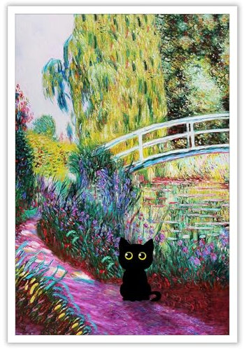 NONPAI Leinwandbild: Monet Mit Katze - Berühmtes Ölgemälde, Garten, Schwertlilien, Schwarze Katze - Lustige Blumenlandschaft Poster - Rustikale Galerie Drucke