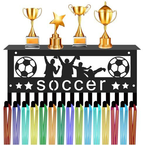 CREATCABIN Fußball-Medaillenaufhänger Ablage,Trophäen-Medaillenhalter,Fußballständer,Rahmen Aus Eisen,Wandhalterung,Sportmedaillenhaken,Organizer Zum Aufhängen von Über 70 Medaille,30x13cm,Schwarz
