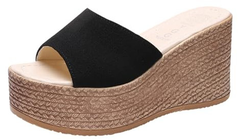 mikrowellen Hausschuhe 2024 Fallen Plateau-Sandalen für Damen einfarbig Keilschuhe Hausschuhe Damen Strand-Absatz-Sandalen Sommer rutschfest Kausale Hausschuhe E-364 Black 37.5