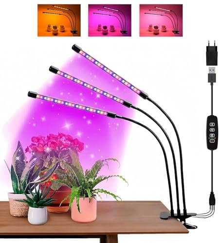 Zenovate 3 Köpfe Pflanzenlampe LED Vollspektrum Pflanzenlicht mit 3/9/12H Timer, Höhenverstellbares Pflanzenleuchte für Zimmerpflanzen, 10 Helligkeit, 3 Lichtmodi, LED Grow Lampe für kleine Pflanzen