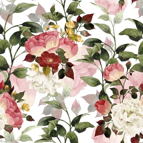 VEELIKE Watercolor Roses Floral Wallpaper Vintage White Flower Wallpaper Self Adhesive Leaf Contact Paper for Furniture Botanical Patterned Wallpaper for Bedroom Bathroom Removable 44.5cm×300cm