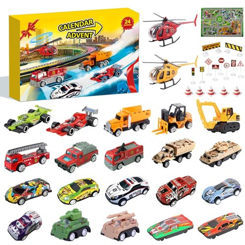 Adventskalender 2025 Kinder, Adventskalender Auto, Auto Adventskalenders mit Diecast Cars Fahrzeuge Baustellen LKWs Alloy Spielzeug, 24 Tage Cars Adventskalenders für Jungen Party Geschenke