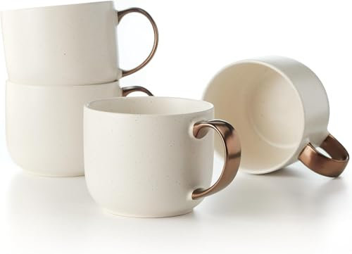 Maison Neuve Luna Collection Large Stoneware Mug Set of 4-19 oz Round Ceramic Mug Set for Hot Tea & More - Stoneware Coffee Mugs - Microwave & Dishwasher Safe - Modern Gift - Cream/Bronze