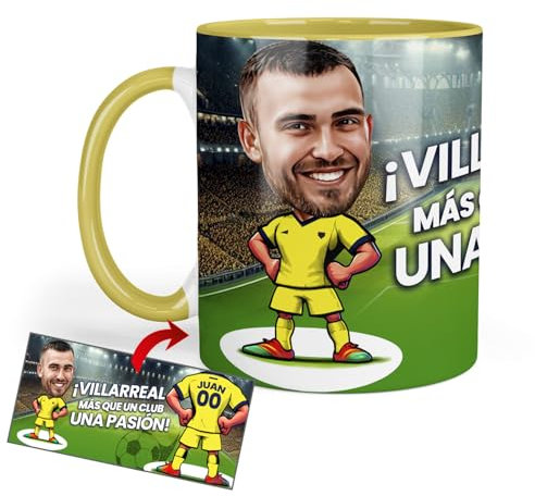 Anak Anak Tazas desayuno Futbol - Taza personalizada con caricatura y nombre - Tazas originales para regalar fanáticos futbol - Taza de futbol Español - Tazas de cafe 350 ML - Regalos (Villareal)