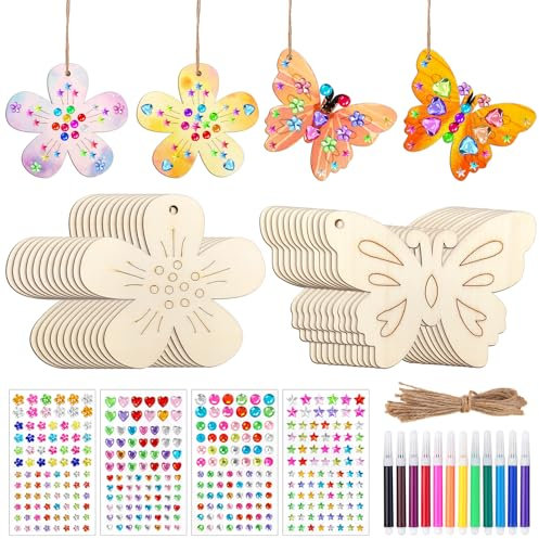 Kisvic 40 Stück Bastelset Kinder Schmetterling und Blume, Basteln Kindergeburtstag mit Aquarellstift, DIY Edelsteinaufkleber Deko Schnur für Geburtstag Basteln Kinder