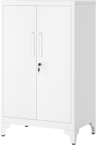 SONGMICS Aktenschrank, Mehrzweckschrank, Büroschrank mit 2 Türen, Schrank abschließbar, Aufbewahrungsschrank aus Stahl, für Arbeitszimmer, Wohnzimmer, mattweiß OMC012W01