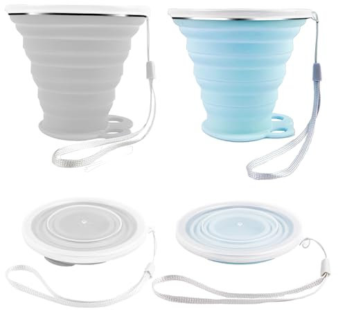 2 Pack Silicone Foldable Cup,Silicone Collapsible Travel Cup,Portable Collapsible Travel Mugs With Plastic Sealing Lid,Reusable Portable Cup Set For Picnic,Camping,Outdoor Hiking(Blue And Grey)
