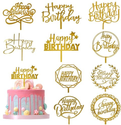 YUBBYSTU 10 Stück Goldenes Happy Birthday Tortendeko, Acryl Tortendeko Geburtstag, Happy Birthday Cake Topper Geburtstagskuchen Dekoration Party Supplies