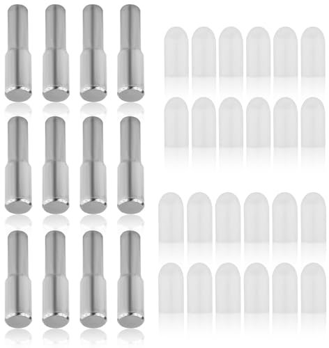 12 Stück Regalstifte, 6,35mm 5mm Edelstahl Hardware Regalstützstifte Küchenschrank-Regalhalter mit 24 Silikonabdeckungen für Bücherregal Bücherschrank Schrank Verstellbar Holz-Glas-Regal