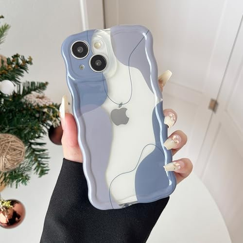 DEFBSC Compatible with iPhone 14 Plus/15 Plus Case, Cute Wavy Curly Shape Colour Mix Aesthetic Design Durable Stylish Shockproof Full Camera Protection Clear Phone Cover for Girls Women - Grey