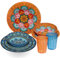Melamin Geschirr Set Toskana Pastel für 2 Personen - 8 Teile - Orange-Blau - Mandala-Optik mit farblich passenden Trinkgläsern 450 ml aus Acryl Essgeschirr Zubehör Campinggeschirr Wohnwagen Camping