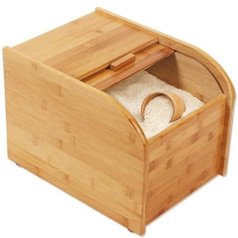 KhUkhu Rice Dispenser, Wooden Bamboo Rice Storage Container with Sliding Lid And Measuring Cup, Dry Storage Cereal Rice Container Box with Lid,15kg