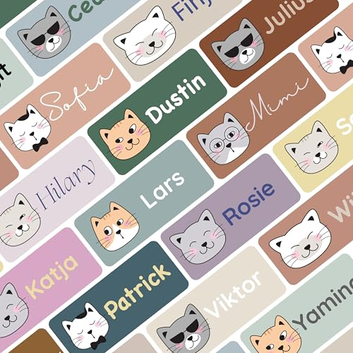 Petite Print® Namensaufkleber für Schule & Kita – Kleidung, Stifte & Gegenstände – personalisiert, waschmaschinenfest & wasserfest, Namensschilder/Namensetiketten für Kinder (Cartoon Cats)