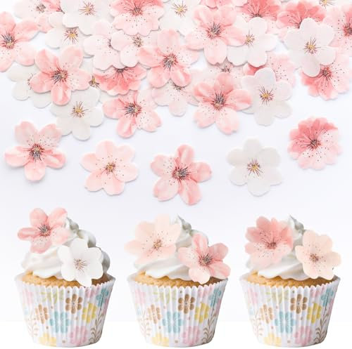 Suofuolef 50 Stück Kirschblüte Tortendeko Essbar, Rosa 3D Blume Kuchen Deko, Essbare Cupcake Deko für Hochzeit, Geburtstag, Jubiläum