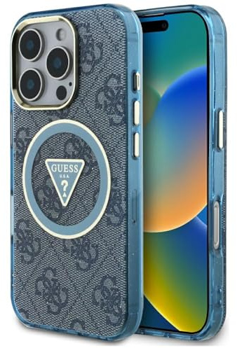 CG MOBILE Guess IML Metal Glitter 4G Circle Triangle kompatibel mit MagSafe Hülle für iPhone 16 Pro (Blau)