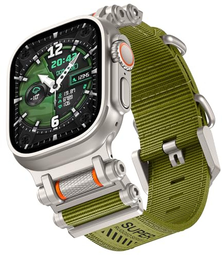 TAURI Nylon Armband mit Edelstahl Metallverbinder Kompatibel mit Apple Watch Ultra 3/2/1 49mm, iWatch Series 10/9/8/7/6/SE/5/4 46mm/45mm/44mm, Innovatives Rollen-Regelband Ersatzarmband - Grün