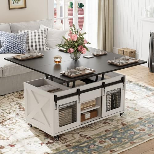 VOWNER Table Basse Relevable, Table de Salon Extensible Multifonctionnelle 3 en 1 avec Roues & Rangement Caché, Convertibleen à Manger de Salon, Style Ferme, Noir