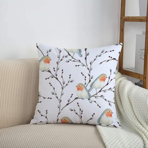 HRRASFAZF Garten Dekorative Kissenhülle Zierkissen Bezüge für Sofa Wohnzimmer Sommer Frühling Kissenbezug,Nahtloses Muster aus Weidenzweigen und Vögeln, Rotkehlchen-Vektorillustration auf w,50x50 cm