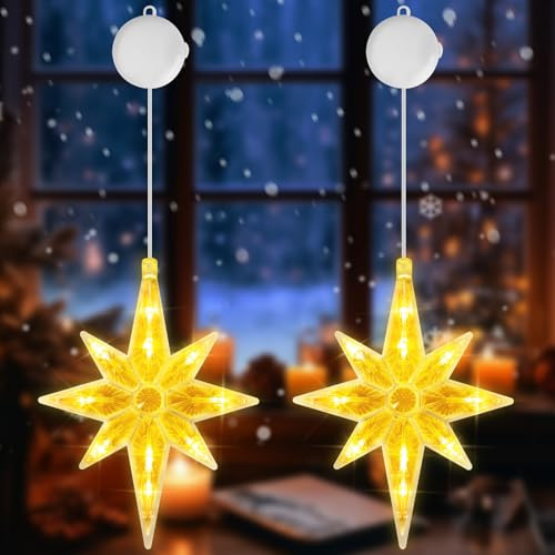 Buudala Weihnachtsdeko Fenster Innen, 2 Stück LED Nordstern Weihnachtsbeleuchtung Lichter mit 3 Beleuchtungsmodi, Timer, Saugnäpfe, Fensterbeleuchtung Weihnachten für Balkon, Party(Warmweiß)